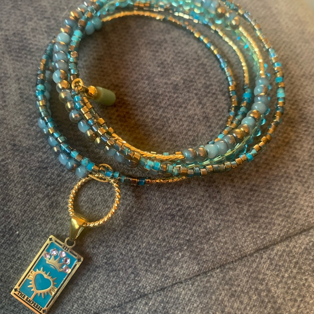 Gold & Turquoise Beaded Wrap Bracelet Necklace with Sun Heart Charm
